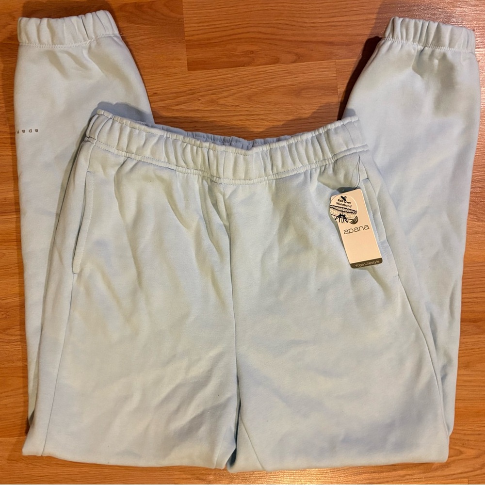 Apana Light Blue Joggers – Roll Over Waistband, Soft Yoga Lounge Pants